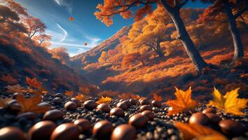 Autumn Leaves and Chestnuts on a Forest Path in Fall photo