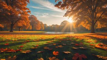 Autumn Leaves Scattered on Lawn with Setting Sun and Trees photo