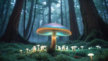 Glowing Mushrooms in Enchanted Forest with Dreamy Atmosphere and Mossy Ground photo