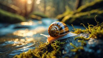 Snail Crawling Near Stream Surrounded by Moss in Golden Sunlight photo