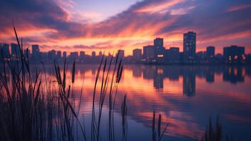 City Skyline Reflected in Water at Sunset with Tall Grasses photo