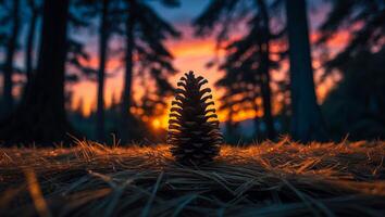 Pine Cone in Forest at Sunset with Glowing Sky and Needles photo