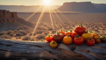 Tomatoes on Log with Desert Landscape at Sunset Background photo