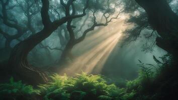 Sunlight Streaming Through Misty Forest with Ferns and Twisted Trees photo