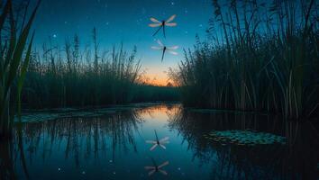 Dragonfly Flight Above Quiet Pond at Dusk with Starry Reflections photo