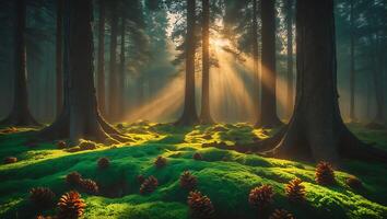Sunlight Streaming Through Forest with Green Moss and Pine Cones photo