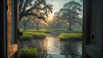 Opening Door Reveals Tranquil Bayou Landscape with Mossy Trees photo