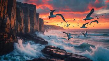 Seagulls Flying Over Rocky Coastline at Sunset with Breaking Waves photo
