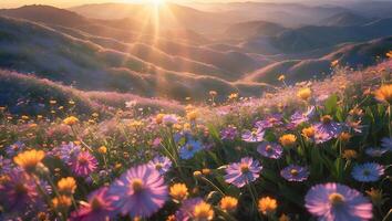 Sun Shining Over Flower Field with Rolling Hills Landscape View photo