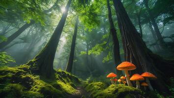 Exploring the Enchanting Forest Path with Red Toadstools and Sunlight photo