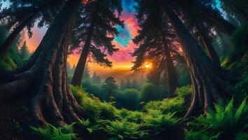 Exploring Lush Forest with Ferns and Towering Trees at Colorful Sunset photo