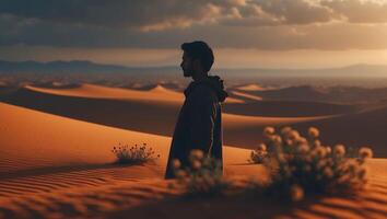 Person Standing in Desert Landscape with Rolling Sand Dunes and Plants photo