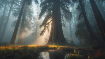 Foggy Forest Scene with Sunlight Shining Through Tall Trees and Flowers photo