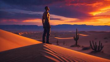 Man Standing on Desert Dune at Sunset Gazing at the Sky photo