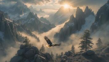 Eagle Soaring Over Majestic Mountains Landscape with Fog and Sunlight photo