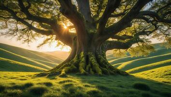 Majestic Old Tree on Rolling Green Hills at Sunset Creates Serenity photo