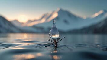 Water Drop on Plant Over Lake with Snowy Mountain Backdrop photo