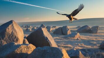 Eagle Flying Over Rocky Field at Sunrise with Vapor Trail photo