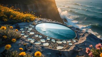 Ocean View Reflected in Mirror on Coastal Cliff with Flowers photo