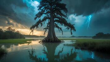 Lone Tree Rising From Water with Dramatic Sky and Lightning photo