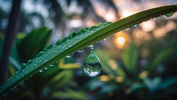 Water Drop Hanging From Leaf with Reflected Nature at Sunset photo