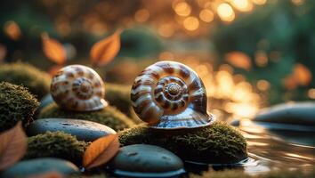 Snail Shells Resting on Mossy Rocks in Nature's Golden Light photo