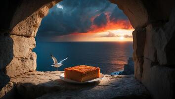 Cake on Stone Window Overlooking Ocean at Sunset with Flying Bird photo