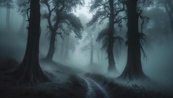 Walking Path Through Foggy Forest with Tall Trees and Eerie Light photo
