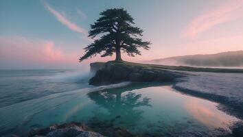 Lone Tree on Cliff at Ocean Reflecting Pink Sky at Sunset photo