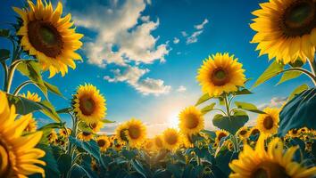 Sunflower Field Blooming Under Bright Sunny Sky with Clouds photo