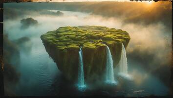 Floating Island Waterfall Scenery with Lush Greenery in Misty Lake photo