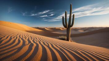 Cactus Standing in Desert Landscape with Sand Dunes and Blue Sky photo