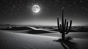 Desert Landscape with Cactus at Night Under a Full Moon photo