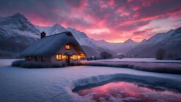 Charming Cottage in Snowy Winter Landscape with Vibrant Sunrise Reflection photo