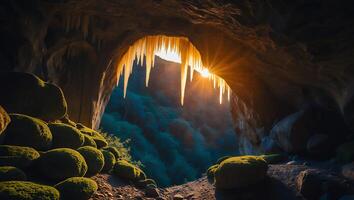 Exploring Dramatic Cave Entrance with Icicles and Forest View at Sunset photo