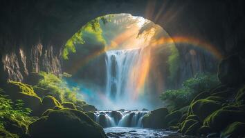 Waterfall Scene with Rainbow and Sunbeams Shining Through Natural Arch photo