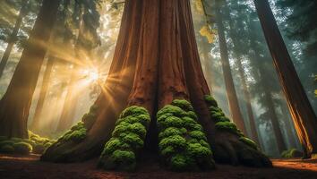 Majestic Redwood Tree in Forest with Sunlight Streaming Through Trees photo