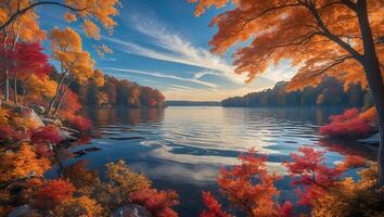 Calm Lake Reflection with Autumn Trees and a Colorful Sky photo