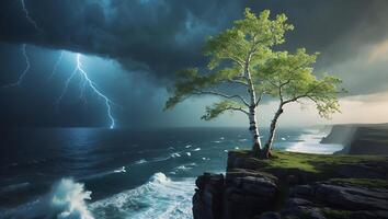 Tree on Cliff Overlooking Stormy Ocean with Lightning Strikes photo