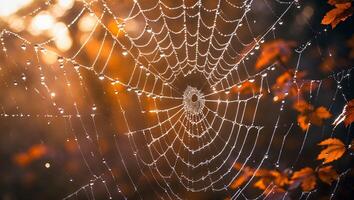 Spiderweb Covered in Water Droplets Shimmers in Sunlight Near Autumn Leaves photo