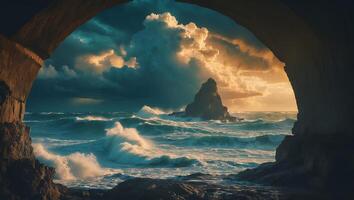Ocean Waves Crashing Against Rocks Seen Through an Arched Cave Opening photo