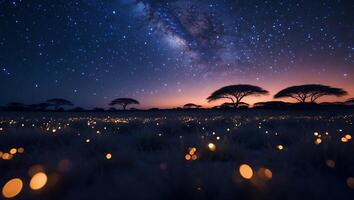 Starry Night Sky Over African Savannah with Glowing Lights photo