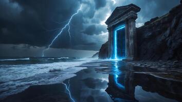Stormy Seascape with Lightning and Blue Portal on a Rocky Beach photo