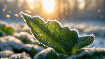 Iced Green Leaf Bathed in Morning Sunlight on Cold Winter Day photo