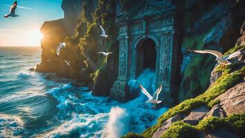 Seagulls Flying Near Coastal Cliffs with Architectural Structure and Ocean Waves photo