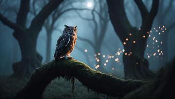 Owl Perched on Mossy Branch in Mystical Foggy Forest Scene photo