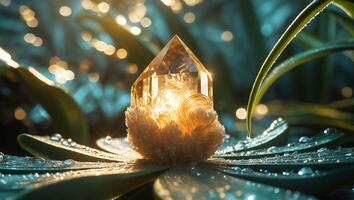 Crystal Point on Leaf with Water Droplets in Soft Light photo