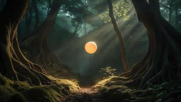 Glowing Orb in a Mystical Forest with Sun Rays Shining Through photo