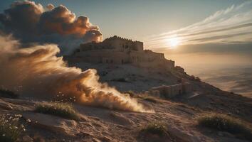 Desert Fortress on Hill Illuminated by Golden Sunset Light photo
