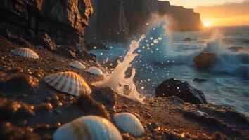 Seashells on Sandy Beach with Ocean Wave Splashing at Sunset photo